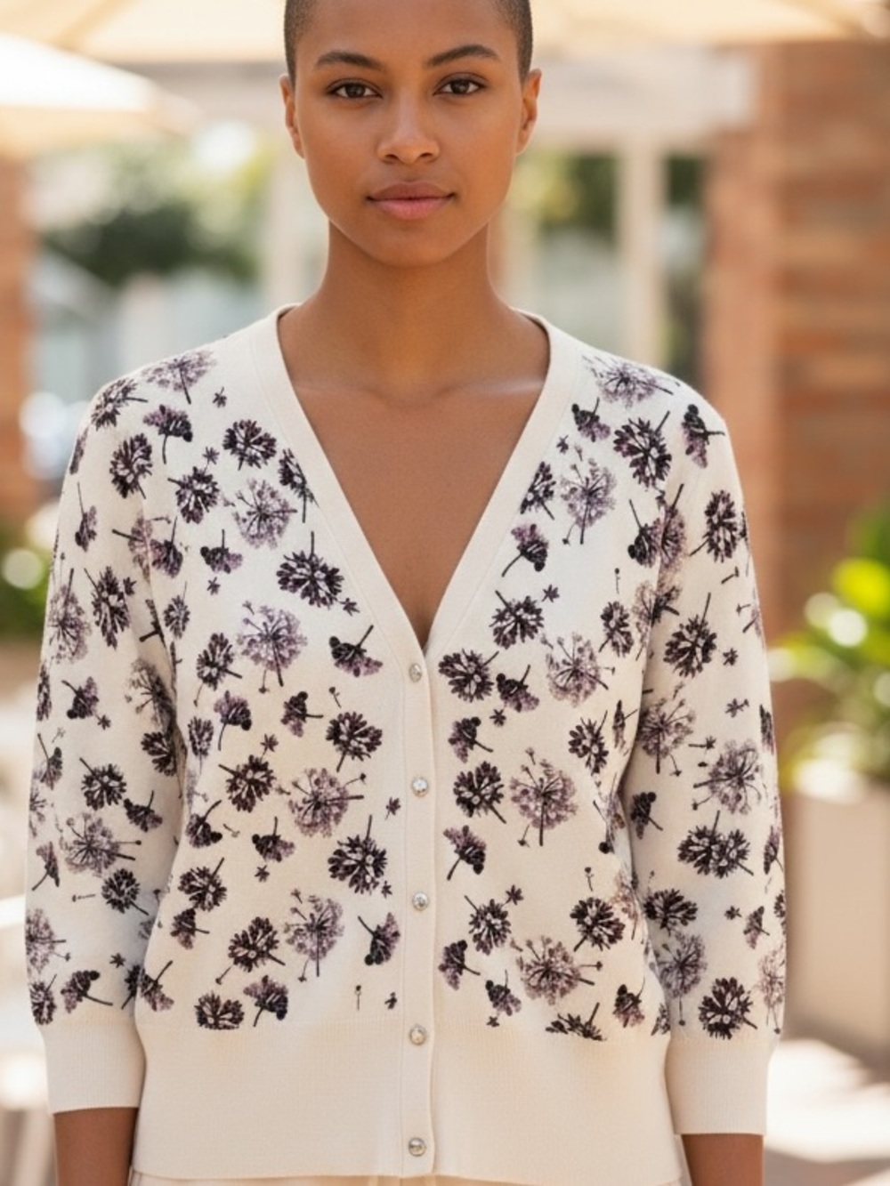 Carmen Marc Valvo Cream Cardigan with Black and Purple Floral Print
